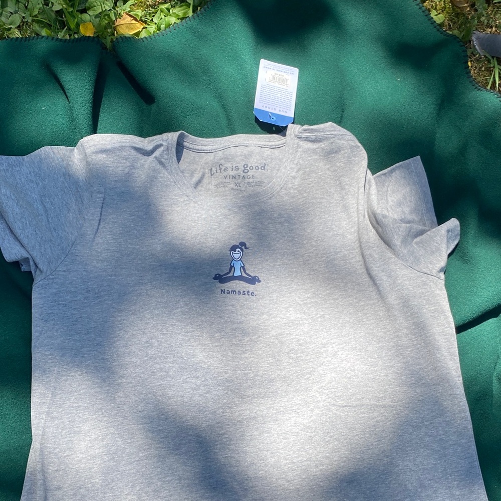 Life Is Good Gray T-Shirt with Blue Graphic NAMASTE vintage